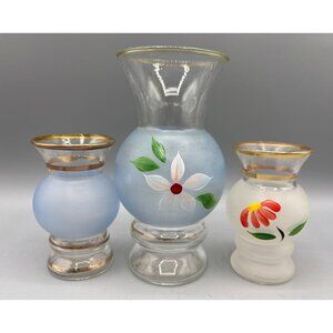 Vtg Bartlett Collins Set Of 3 Hand Painted Glass Bud Vases‎ Gold Trim Floral